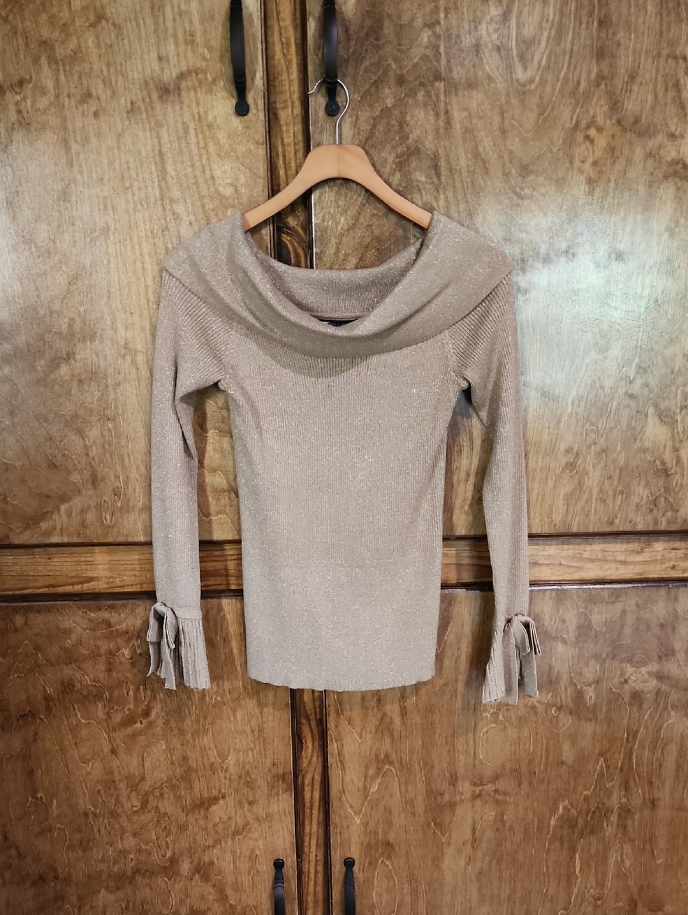 New York & Company Metallic Cowl Neck Sweater in Light Gold